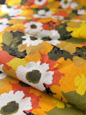 Mid Century Textured Fabric Retro Groovy Flower Yellow Orange Green, price/yard-image