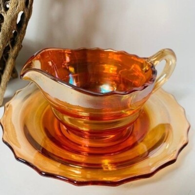 Vintage Peach Lusterware Scalloped Edge Creamer and Saucer-image