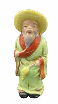 Vintage Occupied Japan Traditional Man Figurine Green with Orange Robe-image