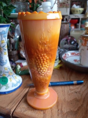 Mid Century Modern Orange Slag Glass Pressed Grape Clusters Vase Vintage-image