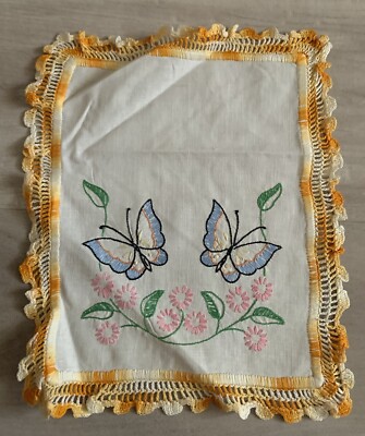 Handkerchief Orange White Butterflies Crocheted Edge Stunning-image