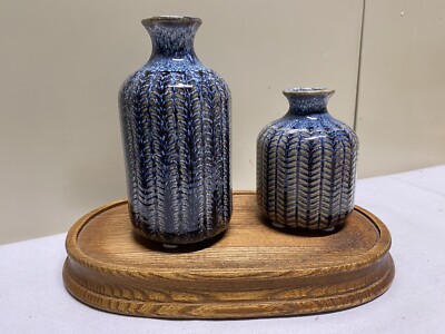 2 Creative Co-Op Embossed Stoneware Reactive Glaze Finish Matching Bud Vase SET-image