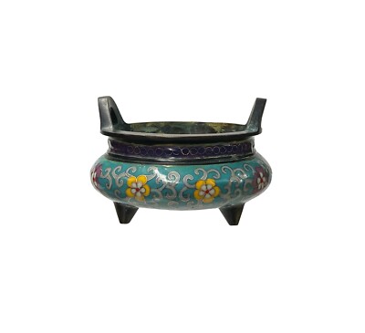 Chinese Vintage Metal Blue Yellow Enamel Cloisonne Incense Burner Art JK333-image