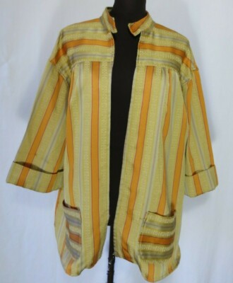 Handmade Orange Gold Stripe Jacket Jacquard Open Front Stand Up Collar Pockets L-image