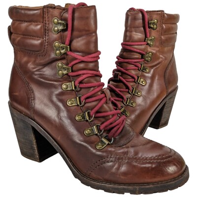 LUCKY Joss Boots Sz 9 Womens Leather Brown Lace Up Stacked Heel Inner Zipper -image