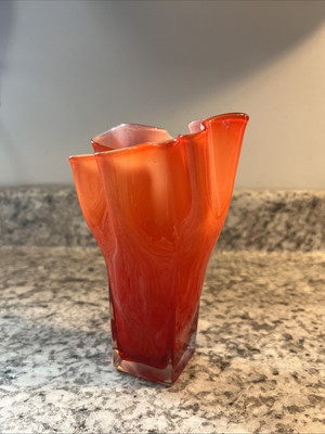 Mid Century Glass Vase with Ruffled Rim with White Glassware Reddish Orange-image