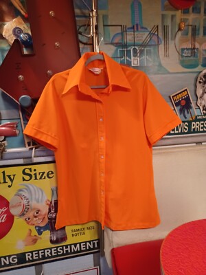 True Vintage Mid-century 1960s 1970s Orange Polyester Ladies Button-up Shirt L-image