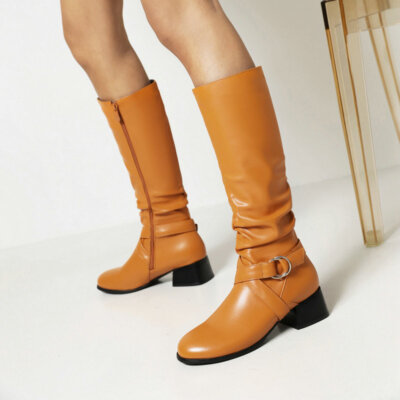 Women's Mid Calf Boots Buckle Low Heel Round Toe Knight Shoes Casual-image