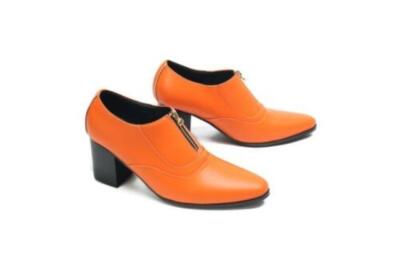 Mens Real Leather Pointy Toe Business Wedding Mid Block Mid Heel Zip Pump Shoes-image