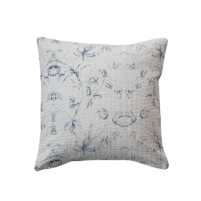 , Blue Floral Patterned Cotton and Linen Pillow-image