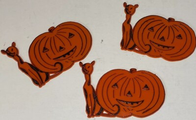 Halloween Cupcake Picks Mid century  Toppers Jack-o-lantern W/Cat Lot Of 3-image
