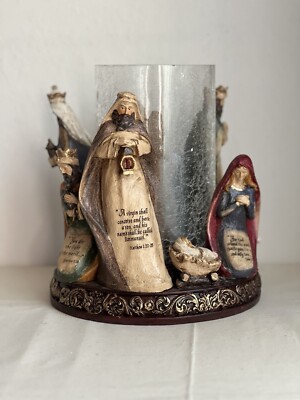 VTG Nativity Scene Resin Candle Holder w/ Pedestal 8 pcs Figurines Bible Quotes-image