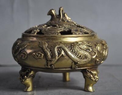 China brass temple Joss 2 Dragon play Beads phoenix statue Incense Burner Censer-image