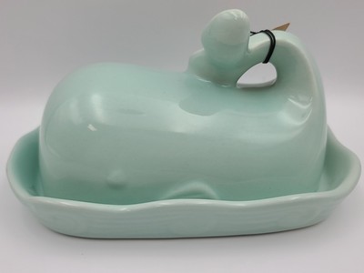 Creative Co-op Stoneware Whale Shaped Butter Dish With Lid Aqua Blue-image