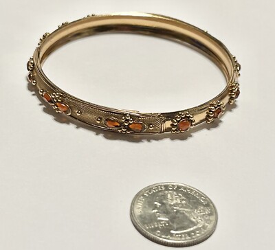 Vintage Mid Century Prong Set Amber Orange Rhinestone Hinged Bangle Bracelet 8”-image