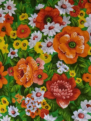 3 yards vintage fabric green red orange yellow floral flowers 70s mid-century-image