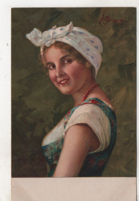 cpa.Signed illustration.Joss Süss.femme wore profile with headband necklace-image