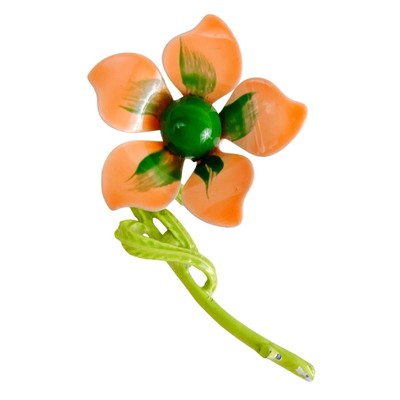 Vintage Enamel Flower Brooch, Orange Green, Mid Century 40s 50s 60s-image