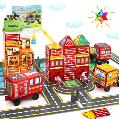 Drofex Magnetic Tiles Road Set with Fire Truck and Magnetic Crane Creative Co...-image