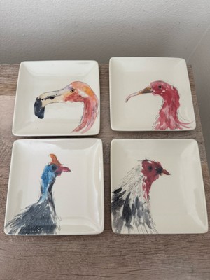Creative Co-Op Appetizer Plates Birds Chicken Flamingo Square 6” Set Of 4-image