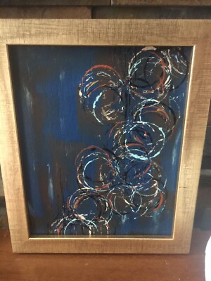 Mid Century Modern Abstract Acrylic Painting Blue Brown Orange-image
