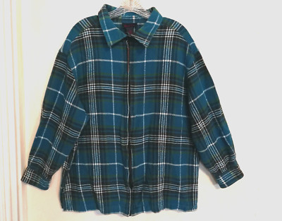 Denim & Co Womens Flannel Shacket 1X Plus Blue Black White Full Zip Plaid Jacket-image