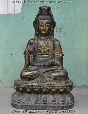Old Chinese Buddhism Temple Joss Bronze Gilt Kwan-yin Guanyin Bodhisattva Statue-image