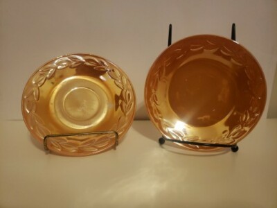 Vintage Fire King Peach Lustre Iridescent Orange Peach Saucers Laurel Leaves 2-image