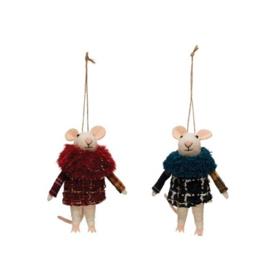 Creative Co-op - Wool Felt Mouse in Knit Plaid Coat Ornament Set of 2 - XS4038A-image
