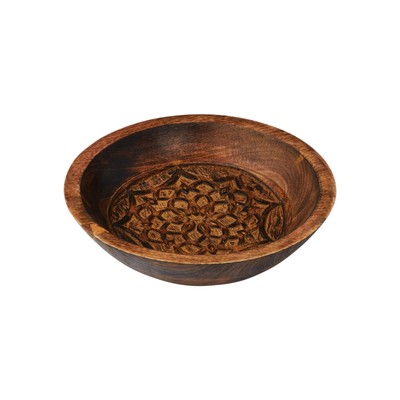 Boho Carved Wood Bowl with Interior Design, Natural, Burnt Finish-image