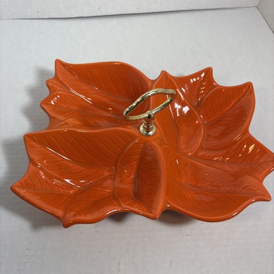 Vintage Mid Century Orange Leaves California Pottery 3 Dish Server Nut/Candy-image