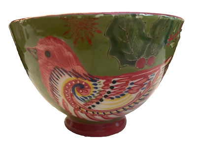 Kate McRostie Handpainted Ceramic Bowl Dish Bird & Holly Creative Co-Op Holiday-image
