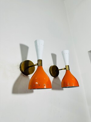 1950s Mid Century Brass orange and White Wall Sconce Pair Italian Adjustable Dia-image