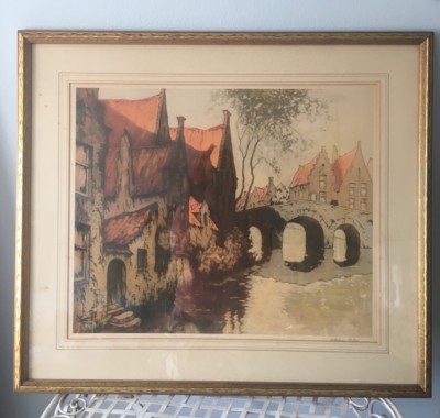 Mid Century watercolor Canal Bridge Europe Original painting Orange Signed Frame-image