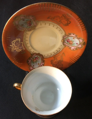 Teacup & Saucer Brilliant Orange Gold Handle Floral, Excellent Shape, RARE-image