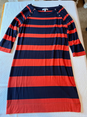 Banana Republic orange and blue stripe 3/4 sleeve midal/spandex dress size L-image