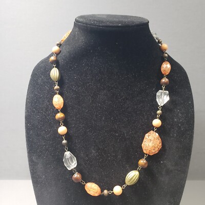 Beaded Station Necklace Gold Tone Orange Wood Mid Century Modernist Boho 24