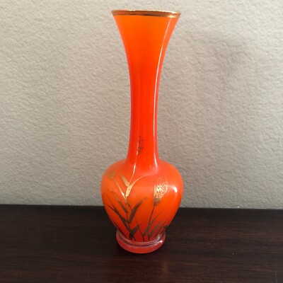 Vintage Mid Century Modern Orange Glass Vase with Gold Detail-image
