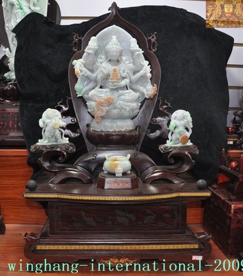 Joss Natural Jadeite Emerald Jade Carved Guardian Two God Kwan-yin Buddha Statue-image