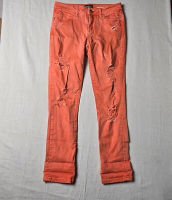 Bebe Jeans Womens 23 Orange Heartbreaker Skinny Distressed Mid Rise Pockets-image