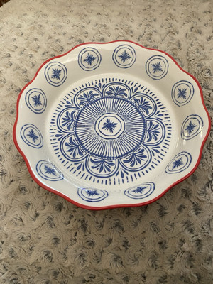 Creative Co-op 10” Round 2” Deep Hand painted Stoneware Pie Plate Blue & Red New-image