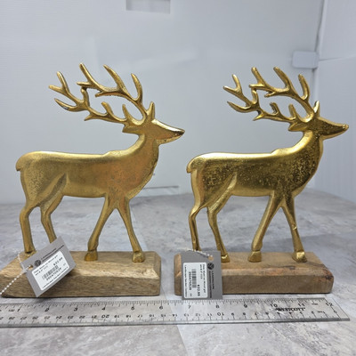 Gold Copper Metal Brass Reindeer Figures Holiday Christmas Decor Pair Set Lot -image