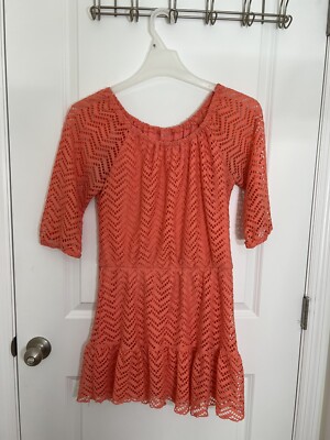 Frilled Mid Sleeve Crochet style Dress Orange-image