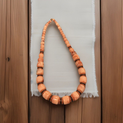 Mid Century Marbled Plastic Graduated Bead Fashion Necklace Peach Neutrals Coral-image