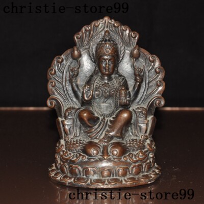 Tibet temple bronze Joss temple 4 arm lotus Tara Kwan-Yin Guanyin Buddha Statue-image