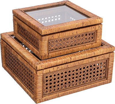 Creative Co-Op Modern Decorative Square Woven Rattan and Wood Dark Brown -image