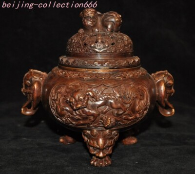 China bronze wealth animal lion foo dog burn incense joss sticks burner censer-image