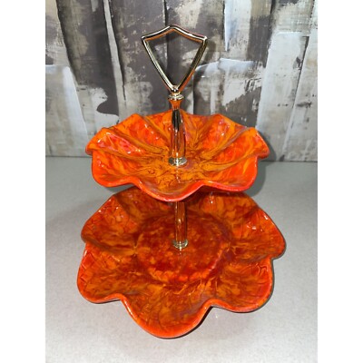 California Pottery Vintage Mid-Century Modern Two Tier Tidbit Server Red Orange-image
