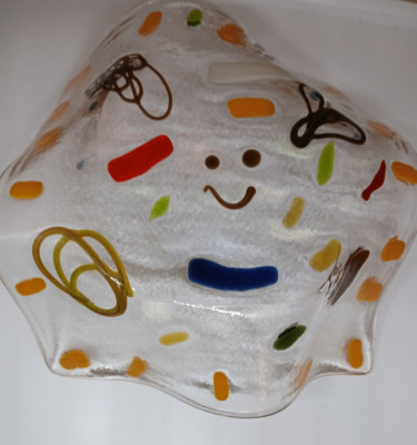 Mid Century Modern Fused Glass Clear Orange Red Yellow Blue Trinket Dish 8