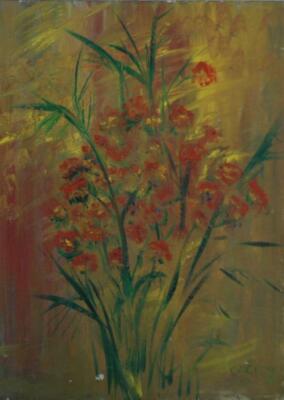 Original Oil on Panel of A Mid Century Floral With Orange Flowers Signed Cecily-image